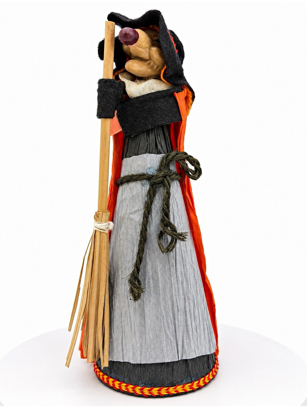 Halloween Witch Figurine w/ Broom Freestanding 7 in Fabric Paper Wood